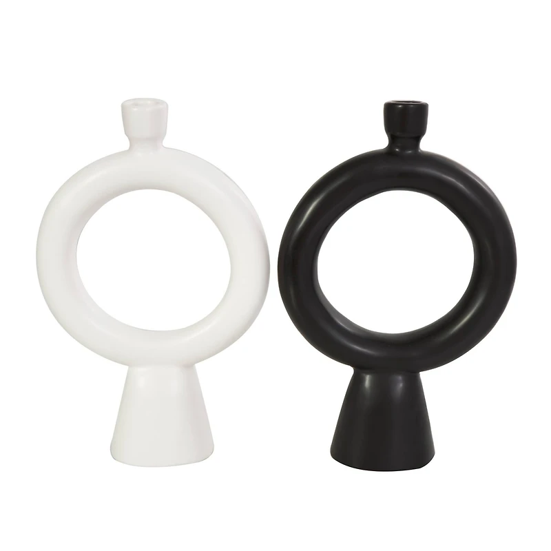 CosmoLiving by Cosmopolitan 12" Black & White Ceramic Geometric Ring Taper Candle Holder Set