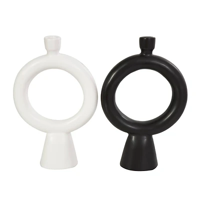 CosmoLiving by Cosmopolitan 12" Black & White Ceramic Geometric Ring Taper Candle Holder Set