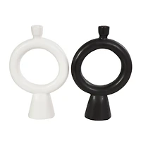 CosmoLiving by Cosmopolitan 12" Black & White Ceramic Geometric Ring Taper Candle Holder Set