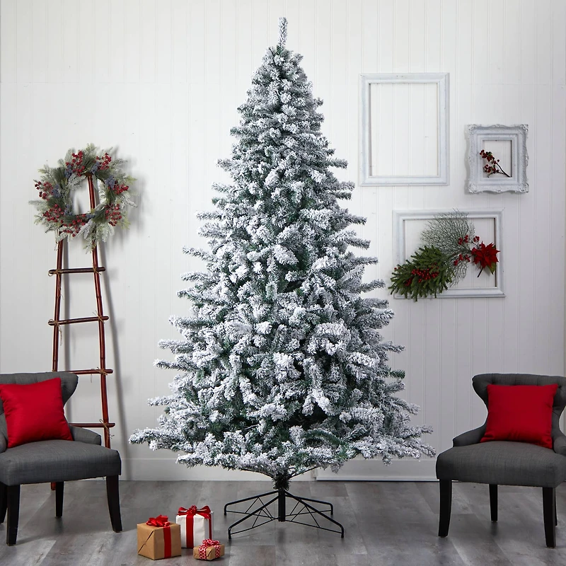 9ft. Pre-Lit Flocked Rock Springs Spruce Artificial Christmas Tree, Clear LED Lights