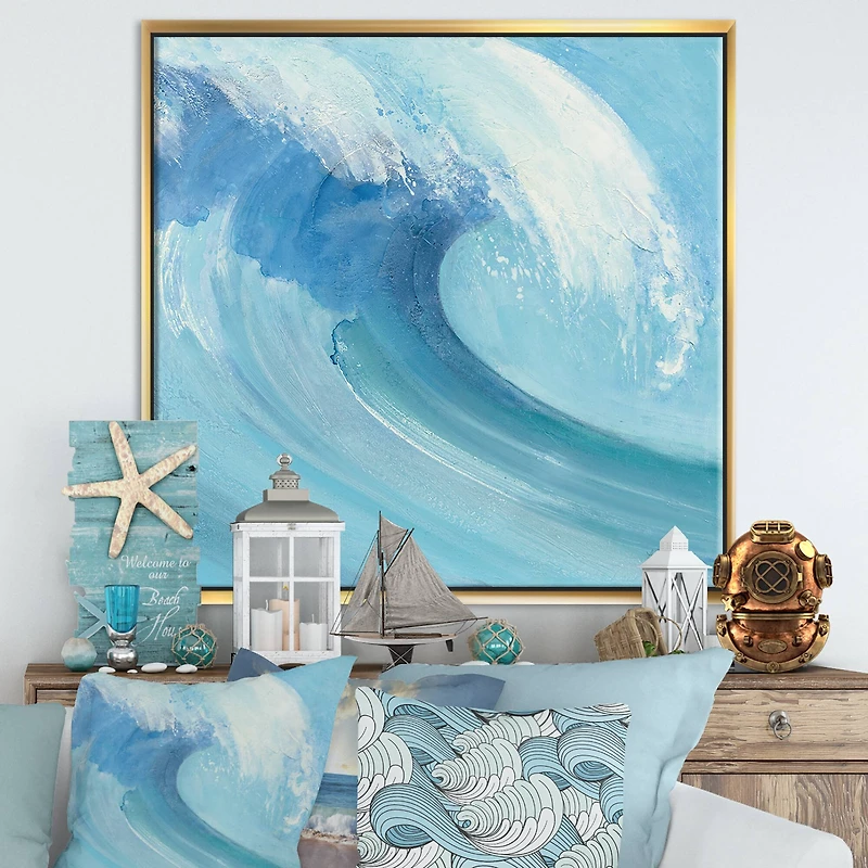 Designart - Ocean Wave Handpainted with White Foam - Nautical & Coastal Framed Canvas