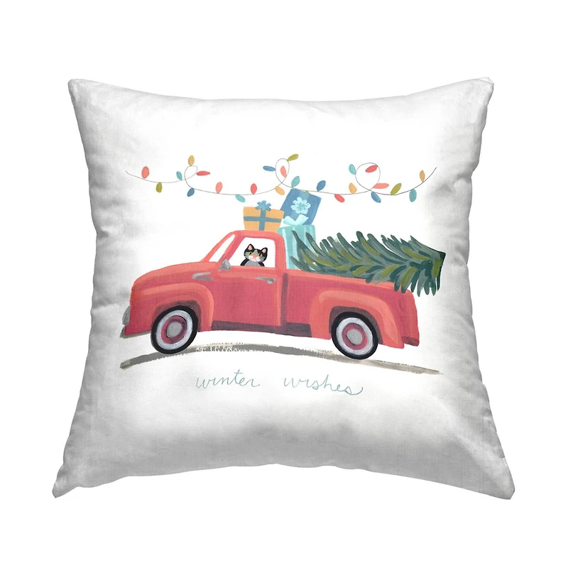 Stupell Industries Winter Wishes Red Christmas Cat Gift Truck Throw Pillow