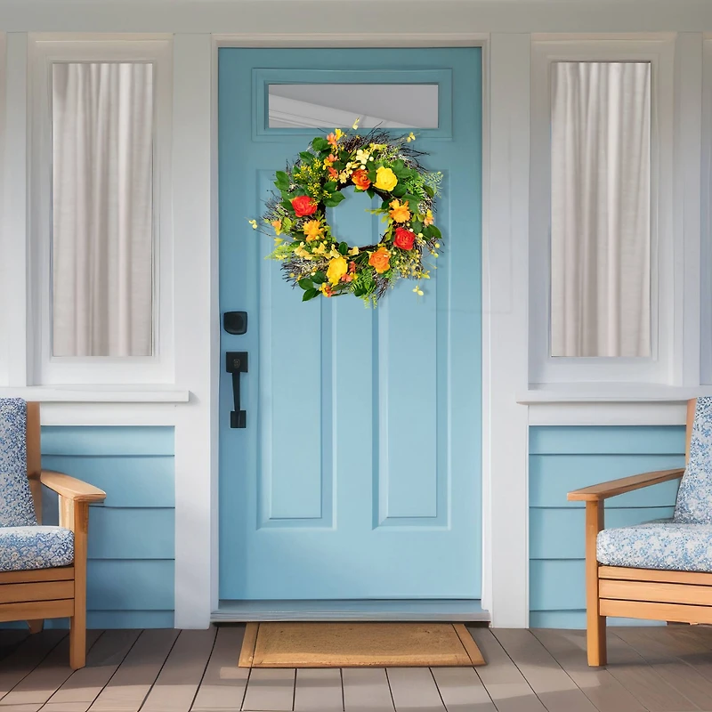 20" Orange & Yellow Ranunculus & Rose Spring Wreath