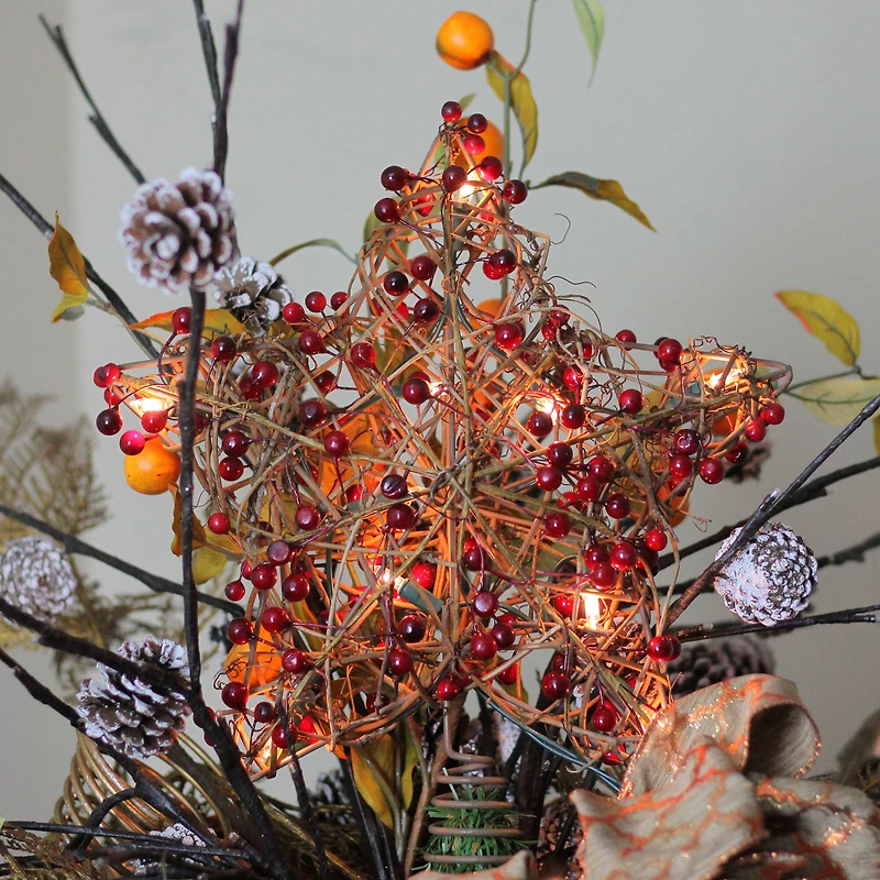 13.5" Brown Rattan With Red Berries Star Christmas Tree Topper, Clear Lights