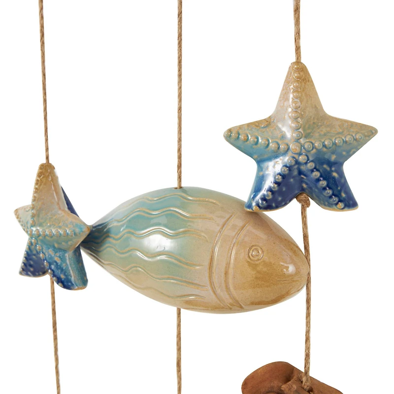 3ft. Brown Ceramic Fish Windchime with Driftwood & Hanging Starfish Accents