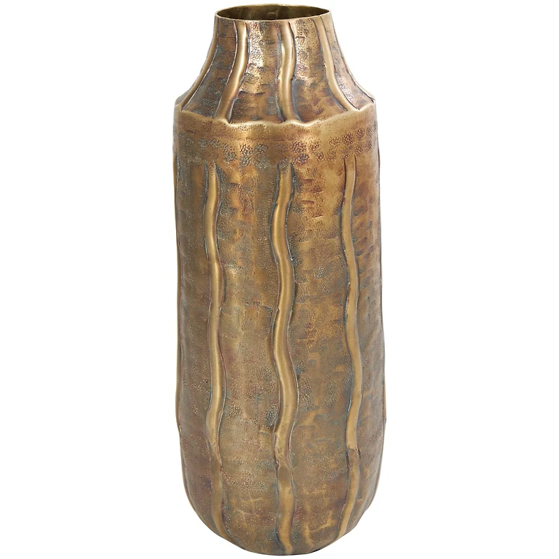 14" Brass Metal Snakeskin Inspired Vase with Dimensional Wavy Accents