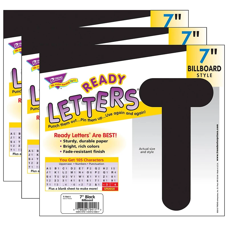Trend Black 7" Billboard Uppercase Ready Letters®, 3 Pack