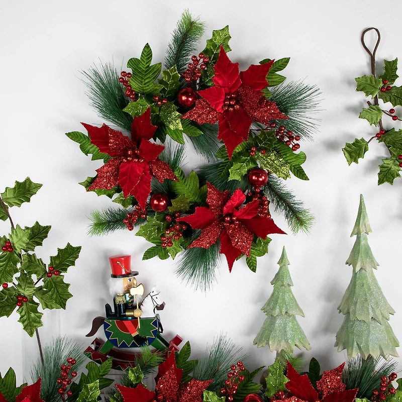 24" Red Glittered Poinsettia & Long Pine Christmas Wreath