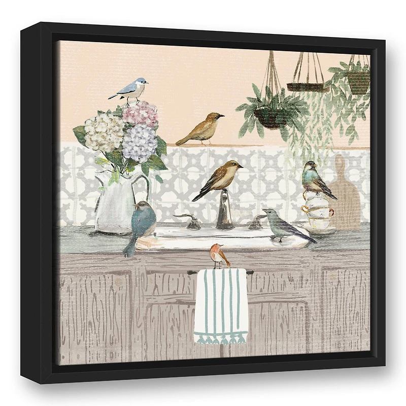 Birdies at the Sink Black Floating Framed Canvas