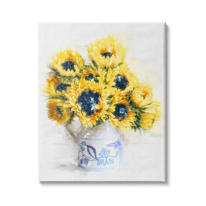 Stupell Industries Country Inspired Sunflower Bouquet Blue Pattern Vase Canvas Wall Art