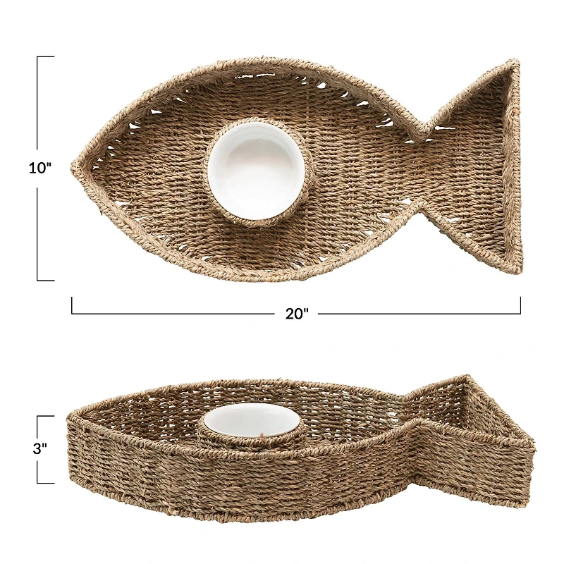 Hello Honey® Hand-Woven Seagrass Fish Shaped Chip & Dip with Ceramic Bowl Set