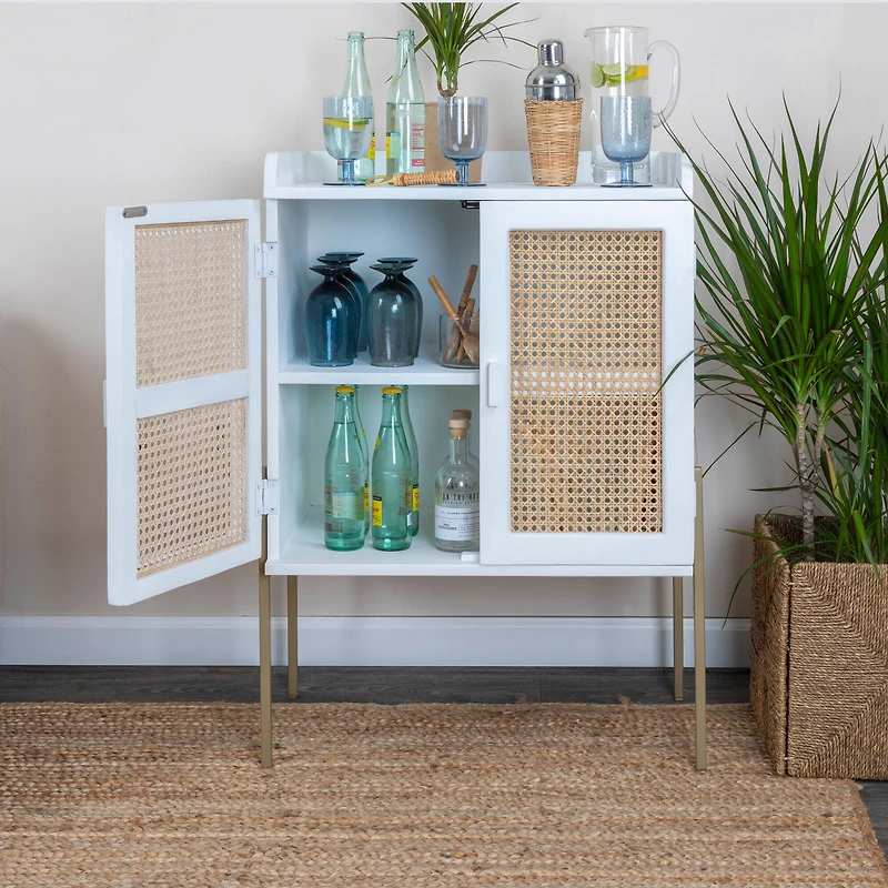 Hello Honey® 36" Boho Solid Wood Bar Cabinet with Metal Legs and Woven Cane Doors