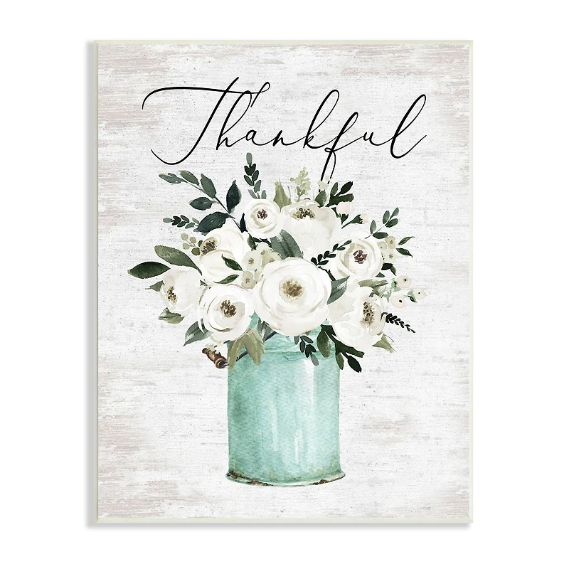 Stupell Industries Thankful Phrase White Ranunculus Floral Bouquet Milk Tin Wall Plaque