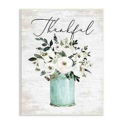 Stupell Industries Thankful Phrase White Ranunculus Floral Bouquet Milk Tin Wall Plaque