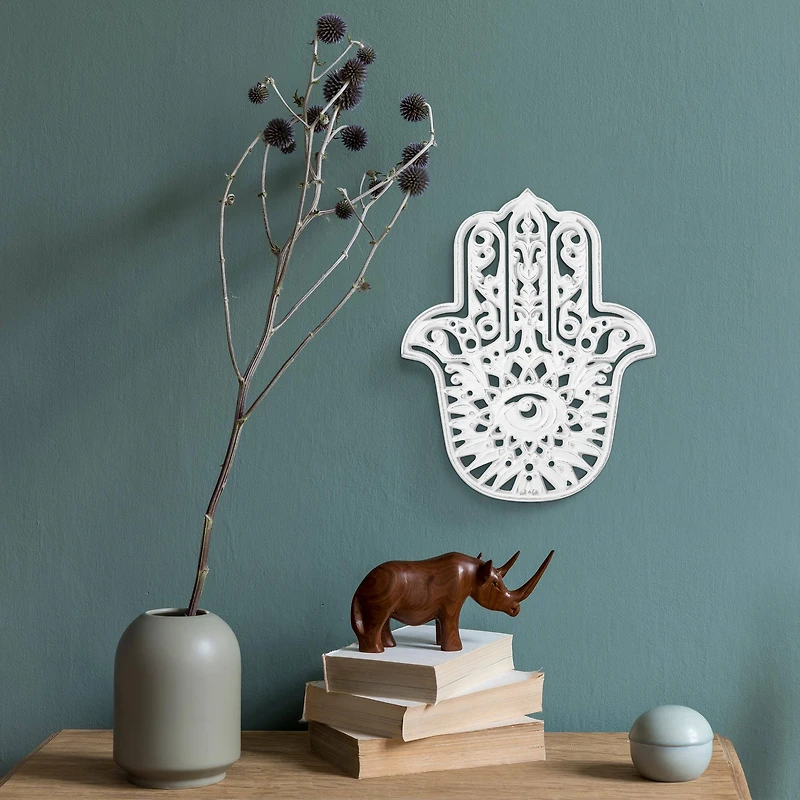 American Art Décor™ 11.5" Distressed Hamsa Hand Palm Eye Medallion Boho Wall Accent