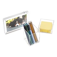 Mind Reader 3-Piece Desk Organizer Set, Pen Holder, Photo Frame and Sticky Note Tray, Acrylic, Clear