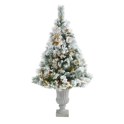 4.5ft. Pre-Lit Flocked Oregon Pine Artificial Christmas Tree in Decorative Urn, Clear Lights