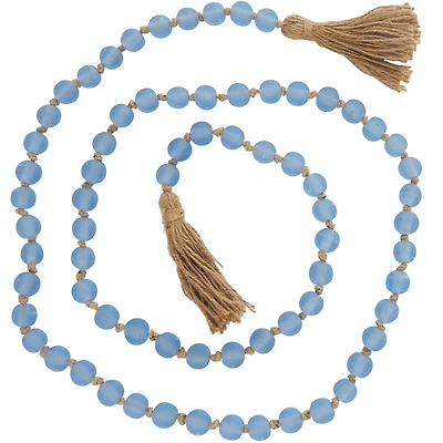 Light Blue Handmade Frosted Glass Beaded Garland with Tassel and Knotted Brown Jute