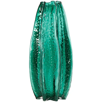 14" Green Wavy Glass Vase