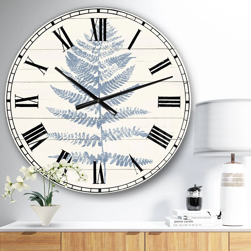 Designart 'Blue Fern Print On Wood Ii Traditional Wall Clock