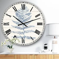 Designart 'Blue Fern Print On Wood Ii Traditional Wall Clock