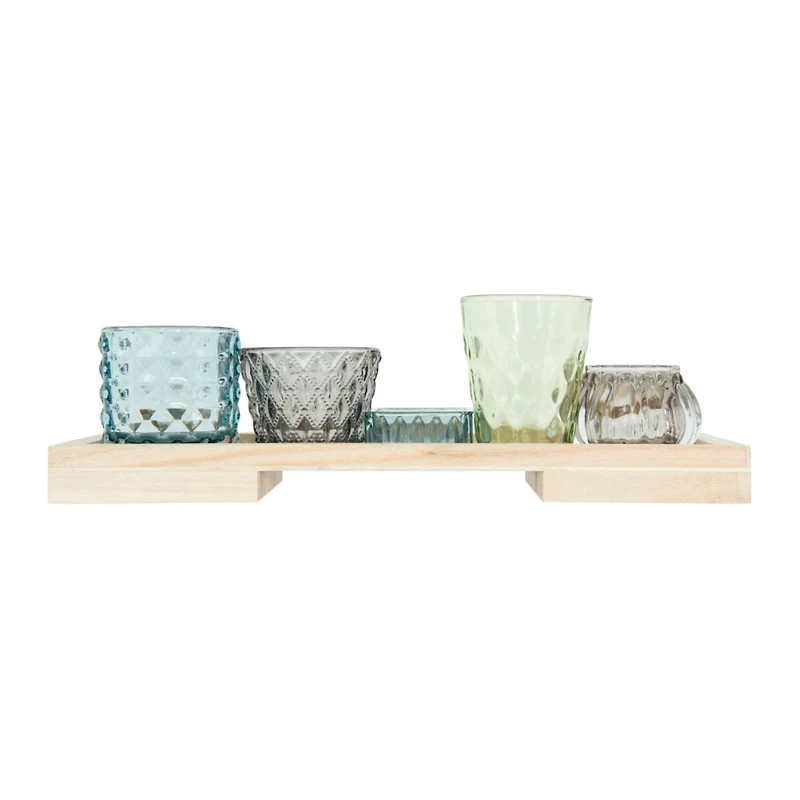 Hello Honey® 13.25" Glass Votive & Tealight Holders On Wood Tray Set
