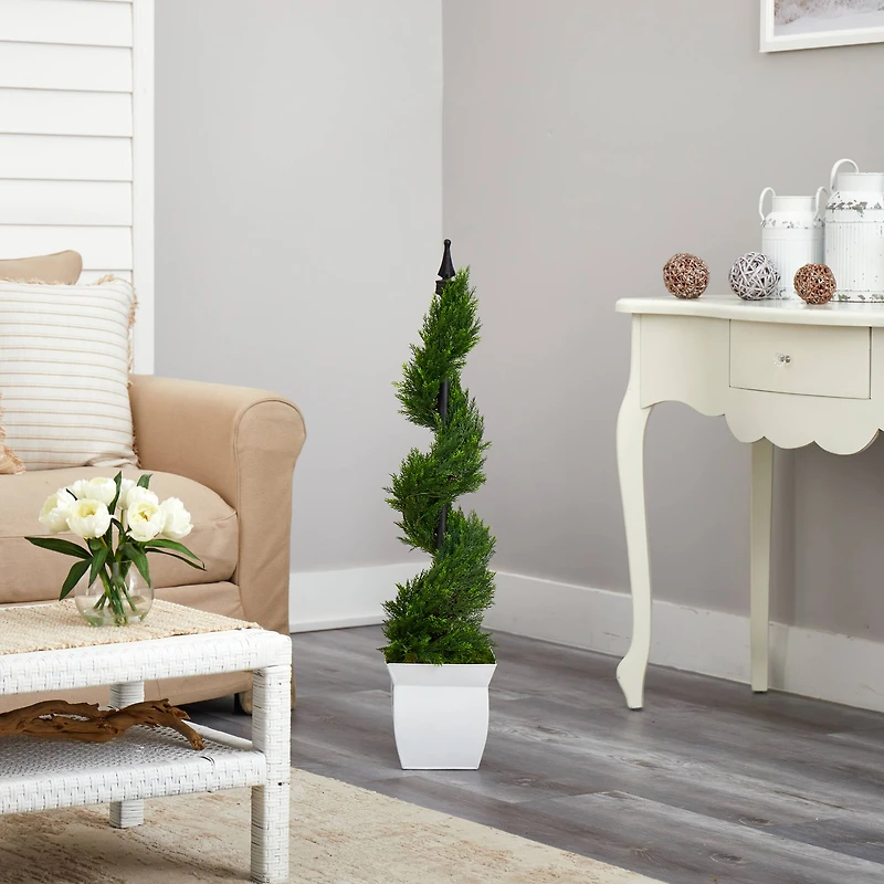 4ft. Spiral Cypress Topiary in White Metal Planter