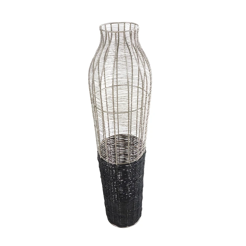 36" Silver Metal Vase with Woven Black Rattan Base