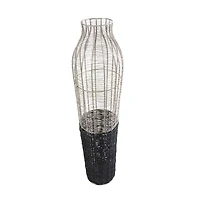 36" Silver Metal Vase with Woven Black Rattan Base
