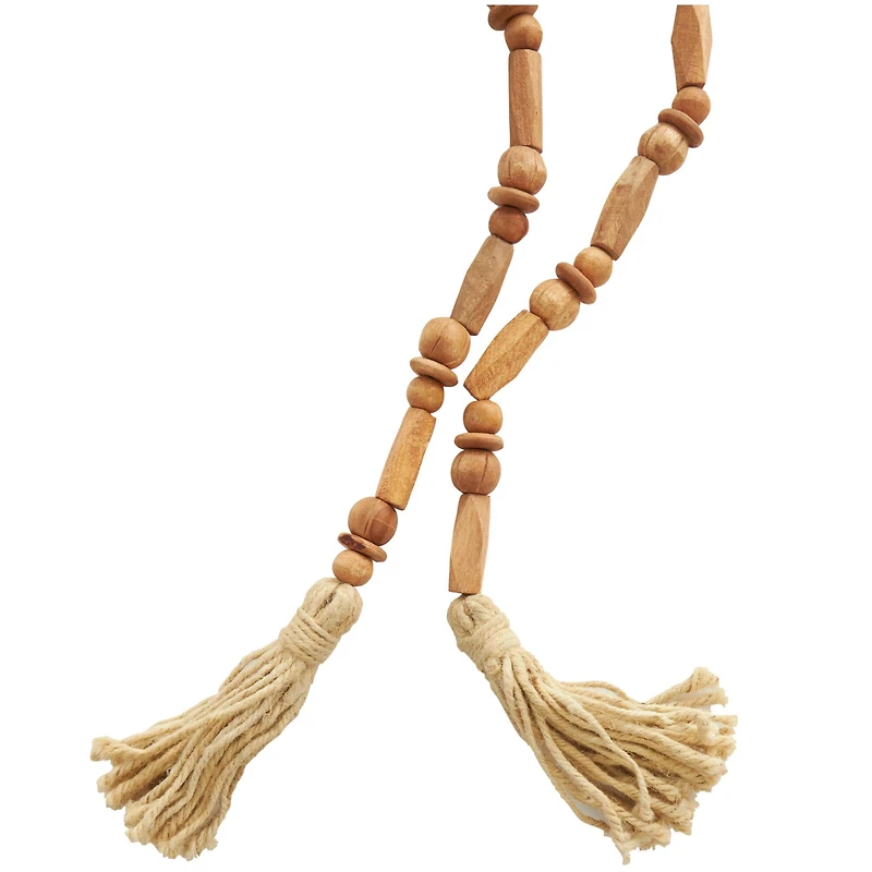 7ft. Brown Mango Wood Handmade Rectangle Carved Geometric Long Beaded Garland with Tassel