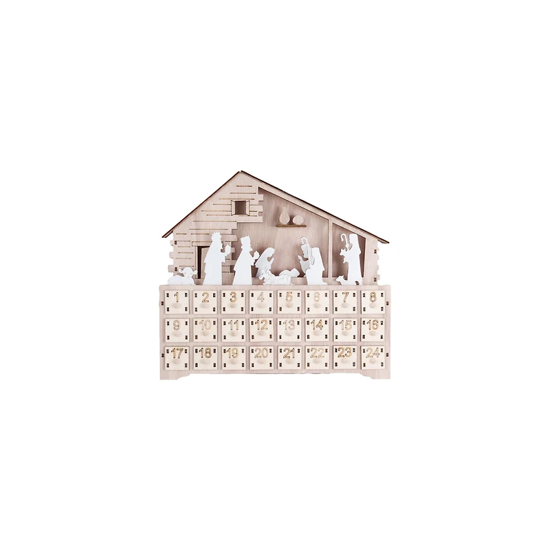 Hello Honey® 13.5" Wood Laser-Cut Nativity Advent Calendar with LED Light & Drawers