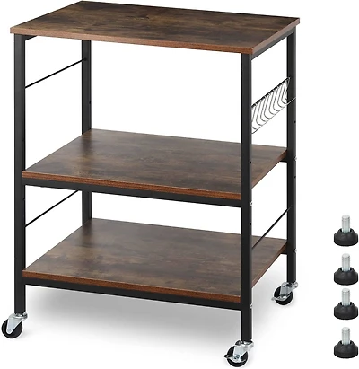 Rustic Brown Wood Kitchen Carts 3-Tier Rolling Rack with 10 Hooks