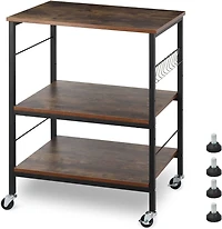Rustic Brown Wood Kitchen Carts 3-Tier Rolling Rack with 10 Hooks