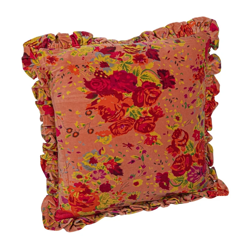 Hello Honey® Red Floral Printed Chambray Back & Ruffle Cotton Velvet Pillow
