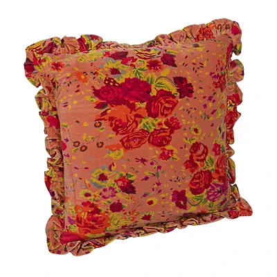 Hello Honey® Red Floral Printed Chambray Back & Ruffle Cotton Velvet Pillow