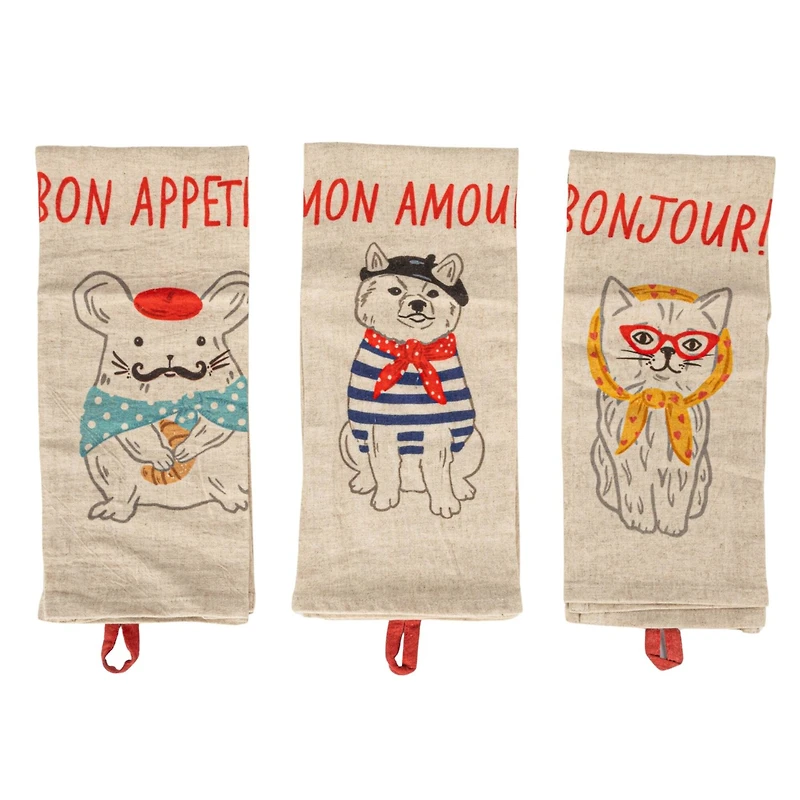 Hello Honey® French Animal Linen Blend Tea Towels, 3ct.