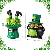 Glitzhome® Set of 2 St. Patrick's Resin Pot of Gold & Leprechaun Hat Table Decor