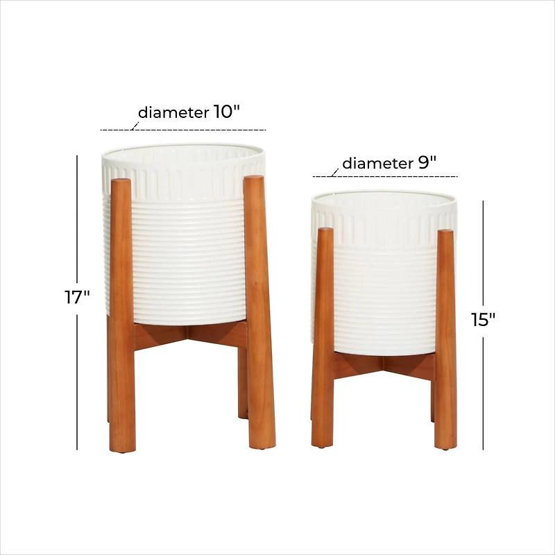 White Metal Planter with Natural Legs Set