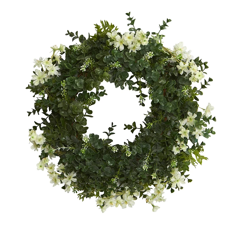 18" Eucalyptus & Dancing Daisy Double Ring Artificial Wreath With Twig Base