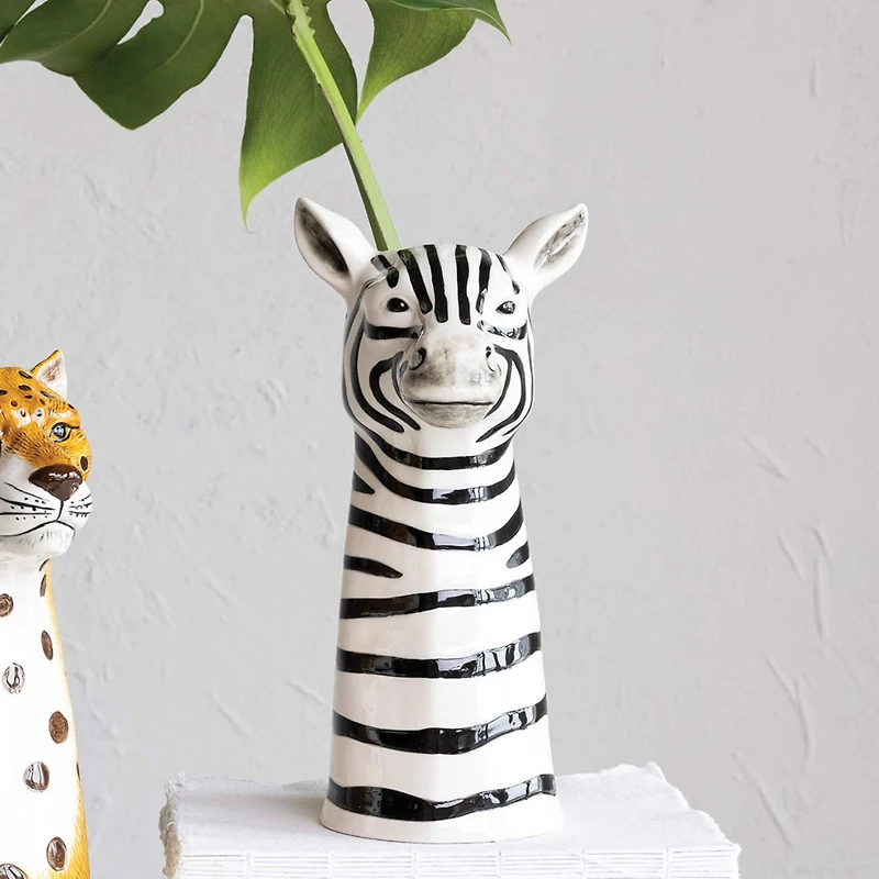 Hello Honey® 11.5" White & Black Hand-Painted Decorative Stoneware Zebra Vase