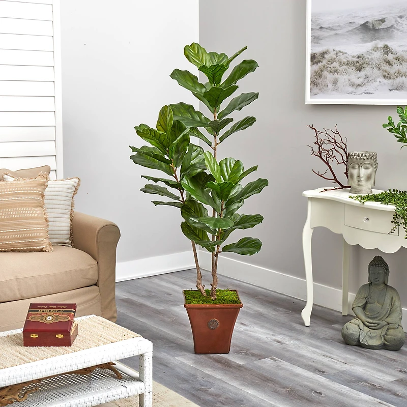 5.5ft. Fiddle Leaf Artificial Tree in Brown Planter UV Resistant (Indoor/Outdoor)