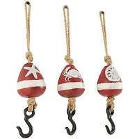 Red Wood Buoy Wall Hook with Jute Rope and Metal Hook Set