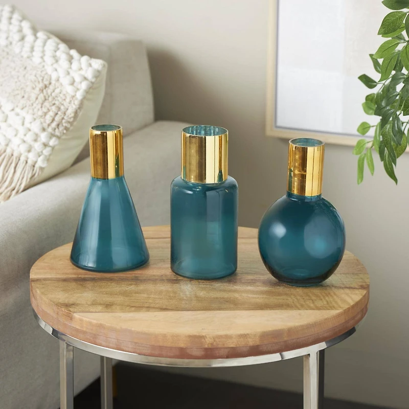 Blue & Gold Geometric Glass Vase Set