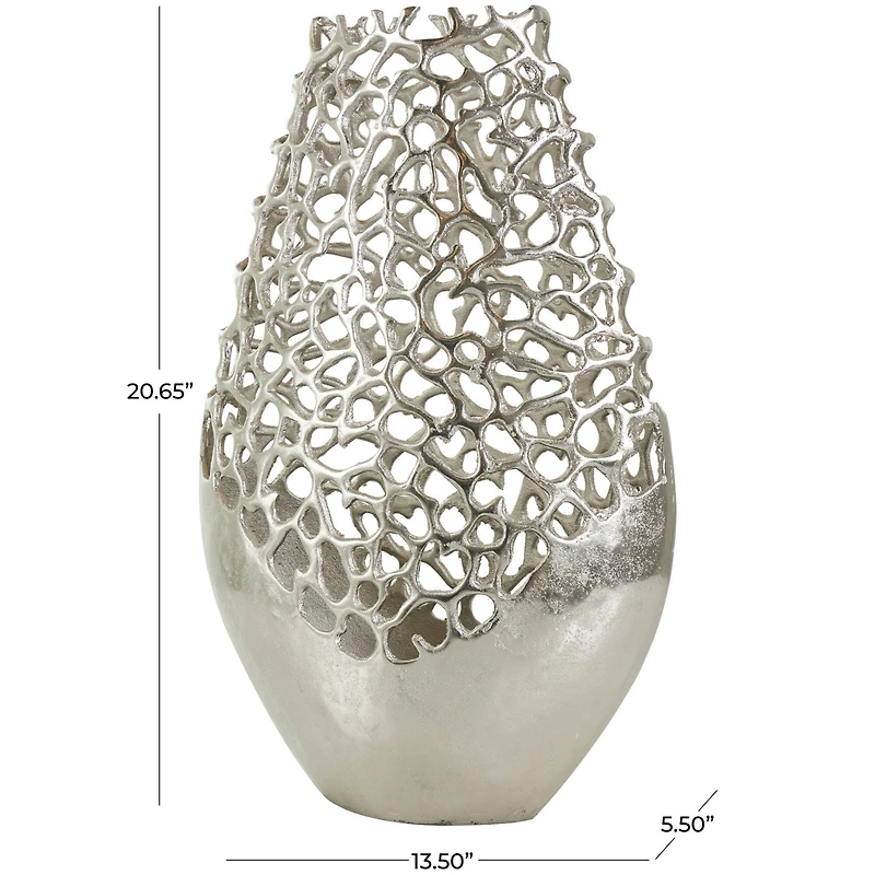21" Silver Aluminum Metal Rounded Vase with Freeform Open Lattice Work