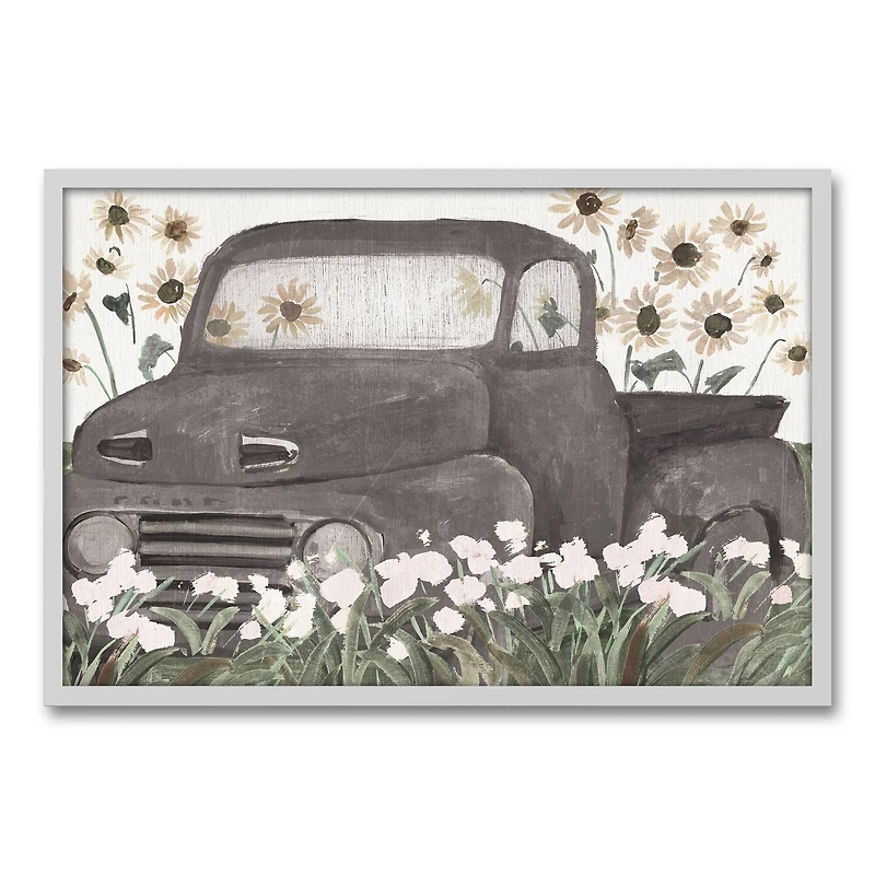 Truck & Sunflowers White Framed Canvas Wall Art