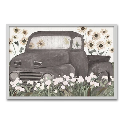 Truck & Sunflowers White Framed Canvas Wall Art