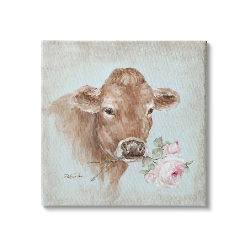 Stupell Industries Traditional Farm Cow Pink Rose Rustic Farmhouse Canvas Wall Art