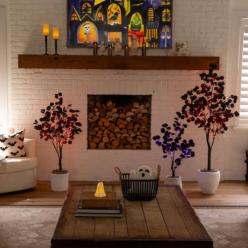 3ft. Pre-Lit Artificial Halloween Black Eucalyptus Tree with 80 Orange & Purple LED Lights