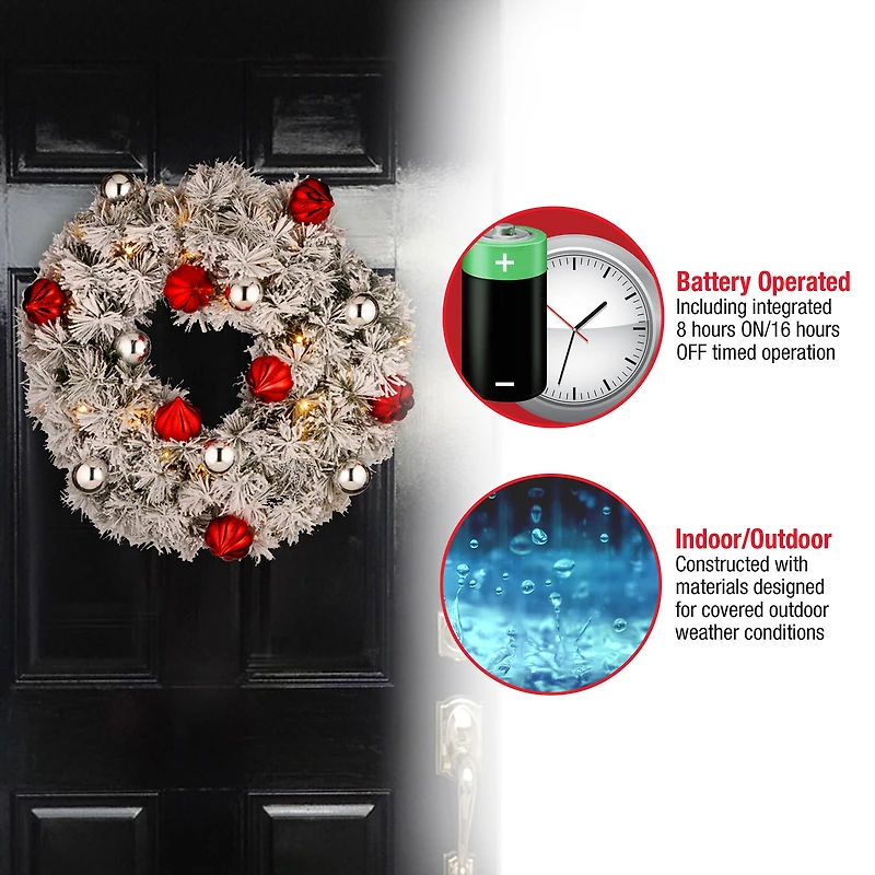 24" Snowy Bristle Pine Wreaths with Red & Silver Ornaments & Warm White LED Lights