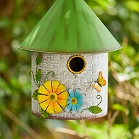 Glitzhome® 11" Distressed Metal Birdhouse with 3D Flowers & Butterfly